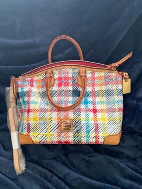 Dooney & Bourke Multicolor Plaid Satchel with Tan Trim and Red Accent